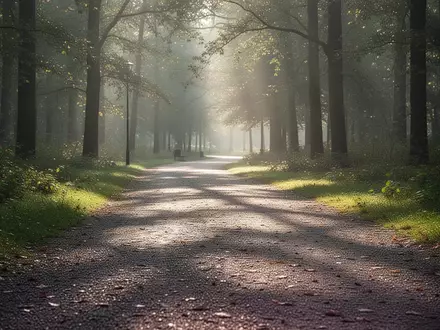 Ein sonnendurchfluteter Waldweg in einem Park, der zu Bewegung und körperlicher Aktivität einlädt. - Foto: über boerse-global.de