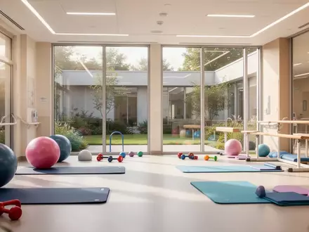 Ein heller, moderner Therapieraum in einer Kinderklinik mit Sportgeräten wie Gymnastikbällen und Matten bei natürlichem Licht. - Foto: über boerse-global.de