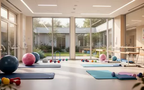 Ein heller, moderner Therapieraum in einer Kinderklinik mit Sportgeräten wie Gymnastikbällen und Matten bei natürlichem Licht. - Foto: über boerse-global.de