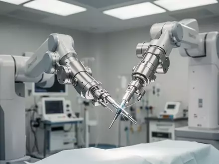 Ein hochmoderner medizinischer Roboterarm in einem hellen, sterilen Operationssaal. - Foto: über boerse-global.de