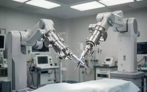 Ein hochmoderner medizinischer Roboterarm in einem hellen, sterilen Operationssaal. - Foto: über boerse-global.de