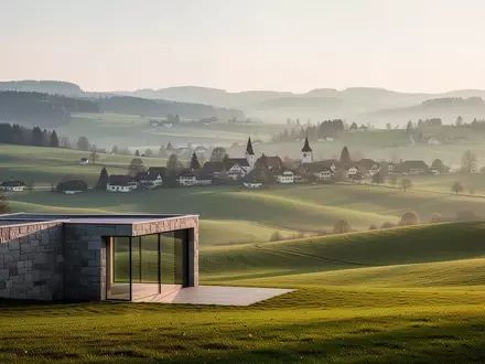 Eine weite, ruhige Landschaft im bayerischen Voralpenland mit sanften Hügeln und einem entfernten Dorf im Morgenlicht. - Foto: über boerse-global.de