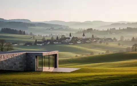Eine weite, ruhige Landschaft im bayerischen Voralpenland mit sanften Hügeln und einem entfernten Dorf im Morgenlicht. - Foto: über boerse-global.de