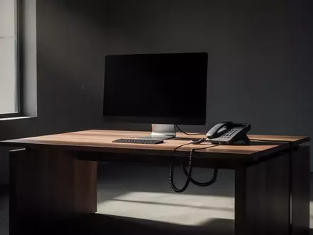 Ein schlichter, leerer Schreibtisch mit einem ausgeschalteten Monitor und einem unbenutzten Telefon in einem minimalistischen Raum. - Foto: über boerse-global.de