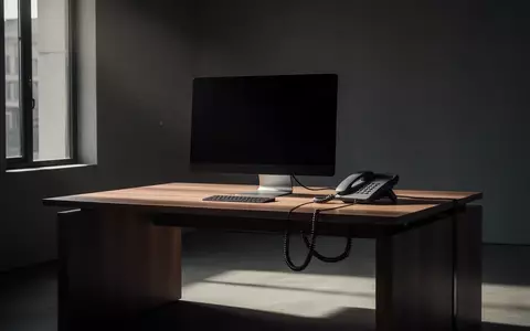Ein schlichter, leerer Schreibtisch mit einem ausgeschalteten Monitor und einem unbenutzten Telefon in einem minimalistischen Raum. - Foto: über boerse-global.de