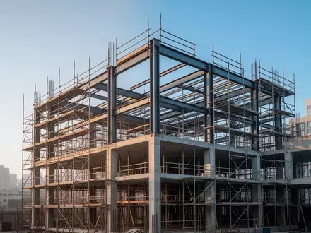 Rohbau eines modernen Verwaltungsgebäudes auf einer städtischen Baustelle bei Tageslicht. - Foto: über boerse-global.de