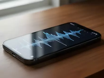 Ein Smartphone mit einer digitalen Musikwellenform auf dem Display auf einem Holztisch. - Foto: über boerse-global.de