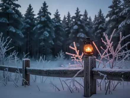 Eine verschneite Winterlandschaft in der Dämmerung mit einer leuchtenden Laterne auf einem hölzernen Zaunpfahl. - Foto: über boerse-global.de