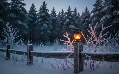 Eine verschneite Winterlandschaft in der Dämmerung mit einer leuchtenden Laterne auf einem hölzernen Zaunpfahl. - Foto: über boerse-global.de