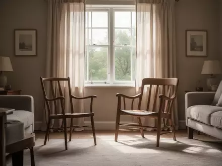 Ein leerer, von Sonnenlicht durchfluteter Wohnbereich mit einem Stuhl am Fenster, der eine ruhige häusliche Atmosphäre vermittelt. - Foto: über boerse-global.de