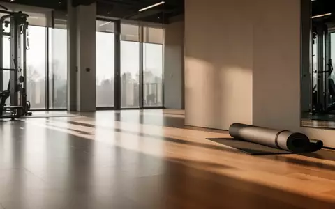 Ein minimalistisch gestalteter, lichtdurchfluteter Fitnessraum mit poliertem Holzboden und einer eingerollten Yogamatte. - Foto: über boerse-global.de