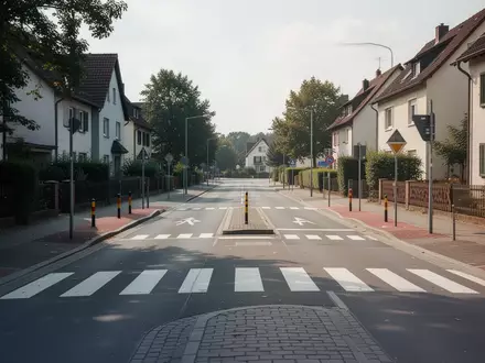 Eine leere, ruhige Straße in einem Wohngebiet mit Fußgängerüberweg und Verkehrsberuhigung bei Tageslicht. - Foto: über boerse-global.de