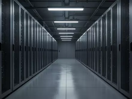 Ein minimalistischer, modern beleuchteter Serverraum mit metallischen Schaltschränken in einer industriellen Umgebung. - Foto: über boerse-global.de