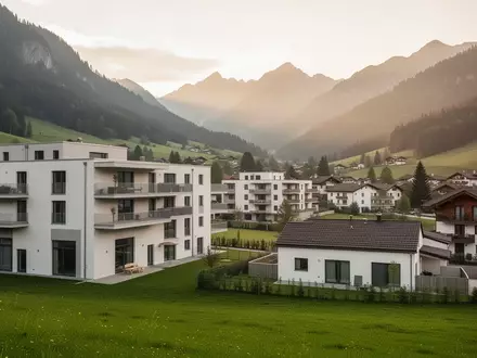 Moderne Wohnsiedlung in einer österreichischen Alpenlandschaft bei Sonnenuntergang. - Foto: über boerse-global.de