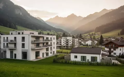 Moderne Wohnsiedlung in einer österreichischen Alpenlandschaft bei Sonnenuntergang. - Foto: über boerse-global.de