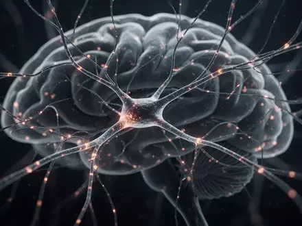 Abstrakte Darstellung neuronaler Verbindungen im menschlichen Gehirn als leuchtende Lichtfäden vor dunklem Hintergrund. - Foto: über boerse-global.de