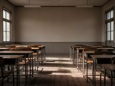 Ein leerer Klassenraum mit Holztischen und Stühlen in einer Schule bei ruhigem Lichteinfall. - Foto: über boerse-global.de