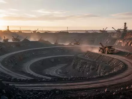 Weitwinkelaufnahme eines industriellen Tagebaus bei Sonnenuntergang mit Erdschichten und schweren Maschinen in der Ferne. - Foto: über boerse-global.de