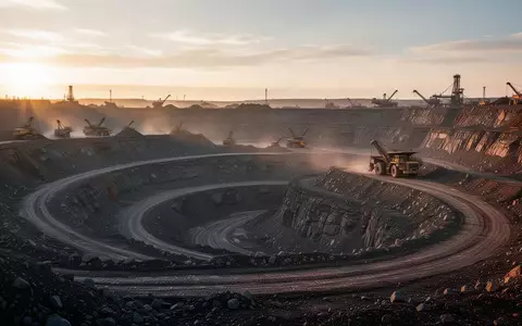 Weitwinkelaufnahme eines industriellen Tagebaus bei Sonnenuntergang mit Erdschichten und schweren Maschinen in der Ferne. - Foto: ĂĽber boerse-global.de