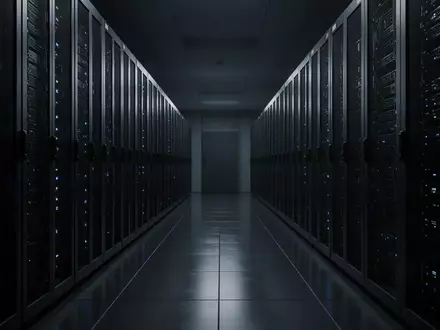 Dunkler, moderner Serverraum mit langen Reihen dunkler Serverschränke und schwachen blauen Statusleuchten. - Foto: über boerse-global.de