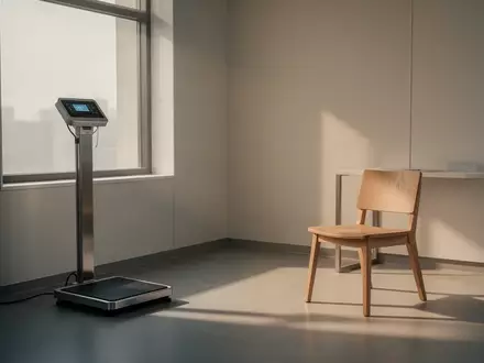 Ein minimalistisch eingerichteter, heller Behandlungsraum in einer medizinischen Praxis mit einer Waage und einem leeren Stuhl. - Foto: über boerse-global.de