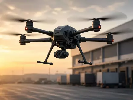 Eine professionelle kommerzielle Drohne fliegt über ein modernes Logistikzentrum bei Sonnenaufgang. - Foto: über boerse-global.de