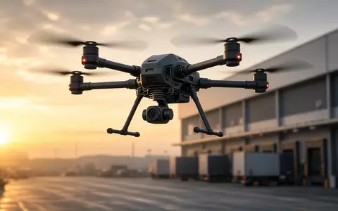 Eine professionelle kommerzielle Drohne fliegt über ein modernes Logistikzentrum bei Sonnenaufgang. - Foto: über boerse-global.de