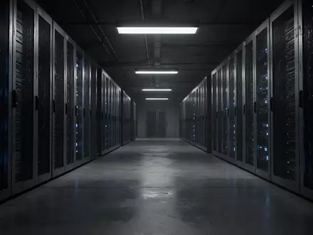 Ein dunkler Serverraum mit industrieller Beleuchtung und blau leuchtenden Statusanzeigen in einer technisch kühlen Umgebung. - Foto: über boerse-global.de