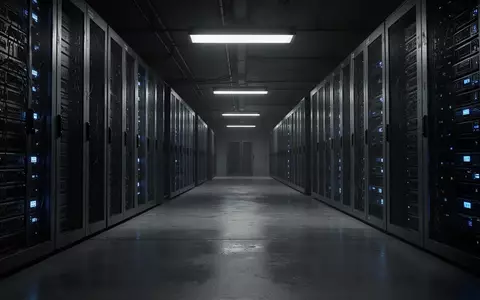 Ein dunkler Serverraum mit industrieller Beleuchtung und blau leuchtenden Statusanzeigen in einer technisch kühlen Umgebung. - Foto: über boerse-global.de