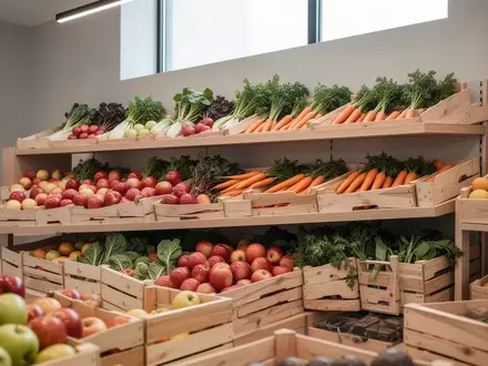 Ein minimalistisches Holzregal in einem modernen Supermarkt, gefüllt mit frischem Obst und Gemüse in einer hellen, aufgeräumten Umgebung. - Foto: über boerse-global.de