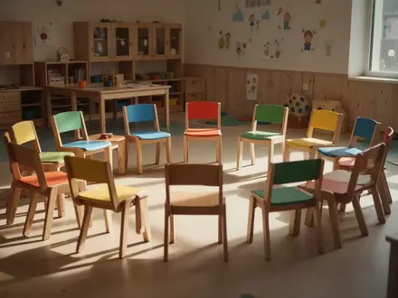 Ein heller, leerer Gruppenraum in einem Kindergarten mit Holzstühlen und einfallendem Tageslicht. - Foto: über boerse-global.de