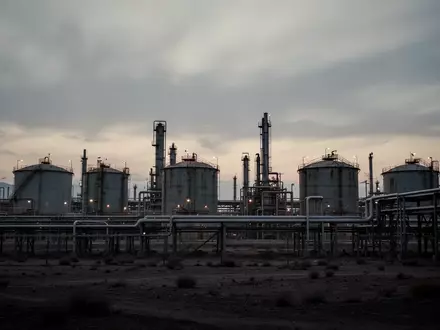 Eine weitläufige Industrielandschaft mit Raffinerietanks und Rohrleitungssystemen in der Dämmerung. - Foto: über boerse-global.de