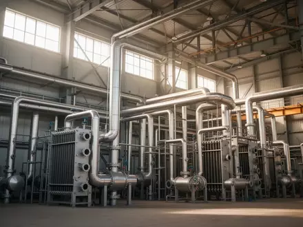 Industrielle Heizungsanlage mit komplexen Rohrleitungen und Wärmetauschern in einer großräumigen Halle. - Foto: über boerse-global.de