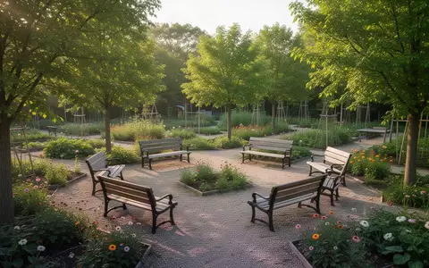 Leere Parkbänke in einem sonnigen Gemeinschaftsgarten als Symbol für Begegnungsorte und soziale Teilhabe im Alter. - Foto: über boerse-global.de
