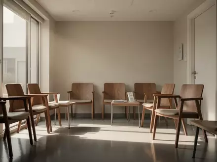 Ein leerer, minimalistischer Wartebereich in einer modernen Arztpraxis mit hellem Tageslicht und schlichten Sitzmöbeln. - Foto: über boerse-global.de