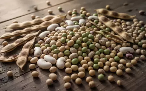 Nahaufnahme verschiedener geernteter Hülsenfrüchte wie Ackerbohnen, Erbsen und Sojabohnen auf einer hölzernen Unterlage. - Foto: über boerse-global.de
