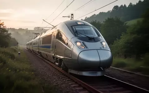 Ein moderner Hochgeschwindigkeitszug fährt durch eine grüne Landschaft bei Sonnenaufgang. - Foto: über boerse-global.de