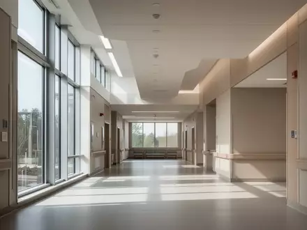 Ein heller, moderner Krankenhausflur mit großen Fenstern und minimalistischem Design. - Foto: über boerse-global.de