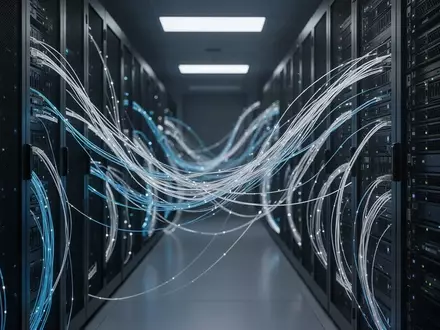 Moderne Serveranlage mit blau leuchtenden Glasfaserkabeln in einem professionellen Rechenzentrum. - Foto: über boerse-global.de