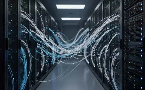 Moderne Serveranlage mit blau leuchtenden Glasfaserkabeln in einem professionellen Rechenzentrum. - Foto: über boerse-global.de
