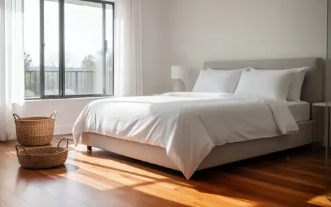 Ein helles, modern eingerichtetes Wohnzimmer mit einem frisch bezogenen Bett und einem Korb auf dem Boden bei Tageslicht. - Foto: über boerse-global.de