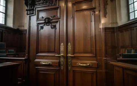 Schwere hölzerne Gerichtstür in einem historischen Gerichtsgebäude - Foto: über boerse-global.de