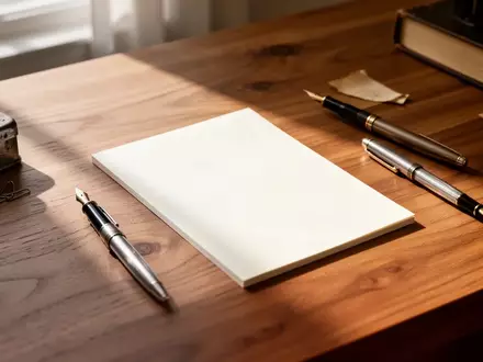 Ein minimalistischer Schreibtisch aus Holz mit einem leeren Notizblock und einem Füllfederhalter in natürlichem Licht. - Foto: über boerse-global.de