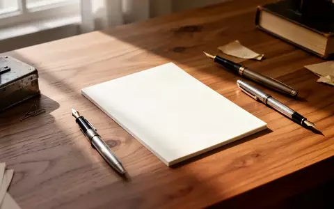 Ein minimalistischer Schreibtisch aus Holz mit einem leeren Notizblock und einem Füllfederhalter in natürlichem Licht. - Foto: über boerse-global.de