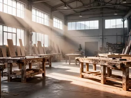 Leere Werkstatt mit Sonnenlichteinfall auf Arbeitsflächen und Baumaterialien als Symbol für die Rentendebatte. - Foto: über boerse-global.de
