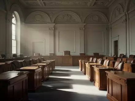 Ein leerer, prunkvoller Sitzungssaal in einem Regierungsgebäude mit hölzernen Tischen und Stühlen in natürlichem Licht. - Foto: über boerse-global.de
