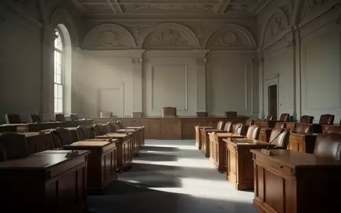 Ein leerer, prunkvoller Sitzungssaal in einem Regierungsgebäude mit hölzernen Tischen und Stühlen in natürlichem Licht. - Foto: über boerse-global.de
