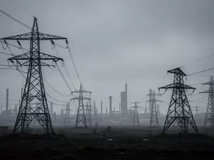 WeitlĂ€ufige, nebelige Industrielandschaft mit Strommasten und weitem Horizont als Symbol fĂŒr digitale SouverĂ€nitĂ€t. - Foto: ĂŒber boerse-global.de