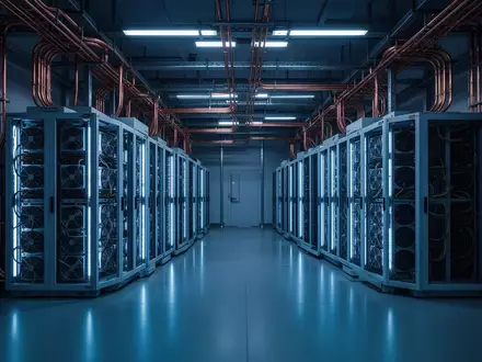 Ein hochmodernes Forschungszentrum mit Reihen von Kühlracks und komplexer Verkabelung in bläulichem Licht. - Foto: über boerse-global.de