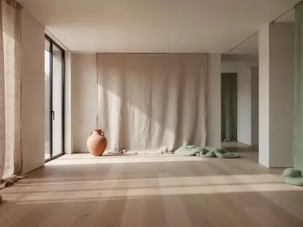 Ein minimalistisch gestalteter, lichtdurchfluteter Innenraum mit natürlichen Materialien wie Holz und Leinen in neutralen Farben. - Foto: über boerse-global.de